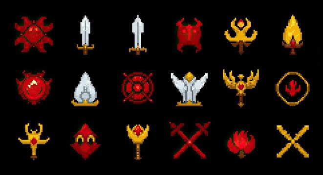 Collection of pixelated fantasy icons, featuring swords, shields, and various magical symbols, all in a vibrant red and gold color scheme.