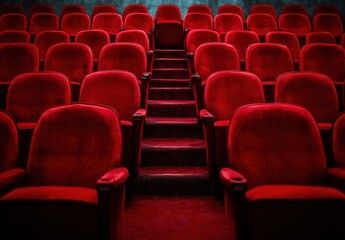 Obraz premium Empty theater with rows of plush red seats and a central carpeted aisle under soft lighting, evoking anticipation and quietness