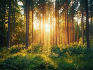 Obraz premium Golden sunlight streaming through tall pine trees in a dense green forest during early morning creating a warm and peaceful atmosphere