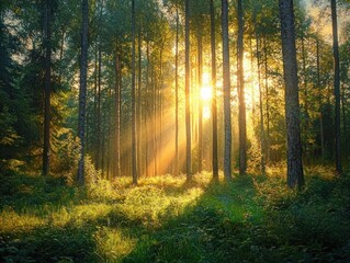 Obraz premium Sunlight streaming through tall, slender trees in a dense forest with lush green undergrowth during golden hour