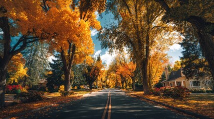 A serene autumn scene with a beautiful landscape, a black top road is nestled between large glowing trees. Autumn foliage is blowing down the street
