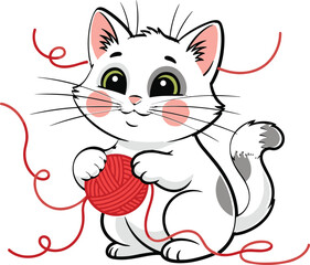 Cute white kitten playing with red yarn ball, adorable cartoon cat illustration, funny pet animal artwork, playful kitten vector design