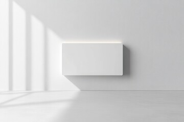Fototapeta premium Minimalist interior with a modern white rectangular panel mounted on a textured white wall casting soft shadow and light from window blinds