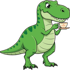 Funny cartoon dinosaur drinking tea, cute T-Rex holding teacup illustration, adorable prehistoric animal character art, green dinosaur enjoying tea time