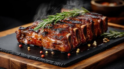 juicy grilled pork ribs garnished with fresh rosemary on a black slate board with scattered colorful peppercorns and steam rising, evoking a warm and savory feeling