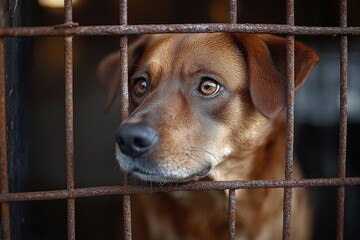 close-up of a brown dog with sad eyes behind rusty metal bars looking out