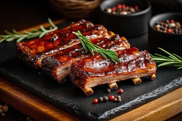 Tender glazed barbecue pork ribs garnished with fresh rosemary sprigs served on a black slate platter with peppercorns and spice bowls in the background