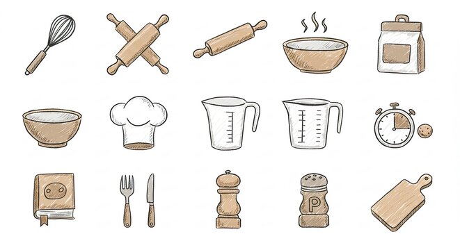 A collection of hand-drawn illustrations of various baking and cooking utensils and ingredients.
