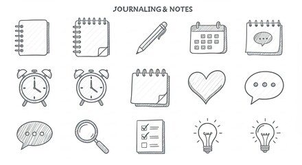 Collection of hand-drawn journaling and note-taking icons, perfect for creative projects and designs.