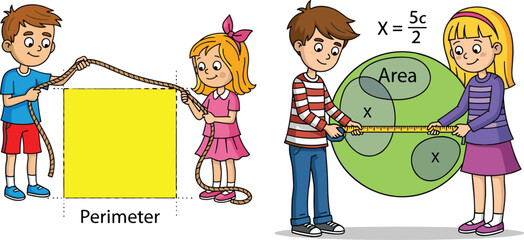 Happy kids learning geometry concepts with shapes and formulas, educational math activity about area and perimeter, school learning illustration, STEM education © Mehedi