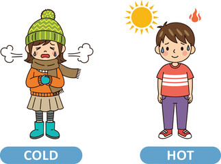 Hot and cold weather illustration, kids feeling temperature, cartoon boy and girl climate concept, heat and cold emotion art
