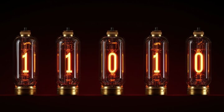 Close-up of five glowing vintage nixie tubes displaying the binary digits 11010 with warm orange light against a dark background
