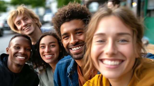 Vertical shot of happy multi-ethnic group of young hipster diverse student friends having fun together while hanging out sitting together outdoors, friendship concept, under soft n
