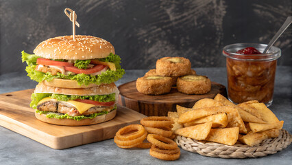 Close-up of home made tasty burger and hot dogs with fried chicken french fries. raditional American food. fast food