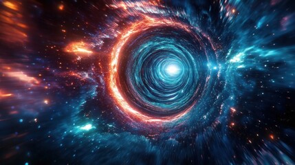 Vibrant swirling cosmic tunnel with bright glowing center surrounded by fiery and icy colored particles and streaks in deep space