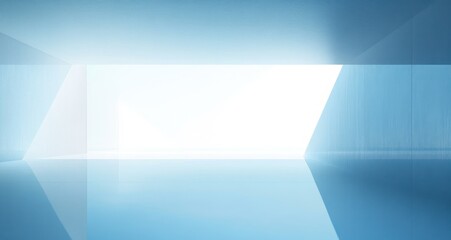 Minimalist interior space with large triangular window emitting bright natural light reflecting on polished floor surfaces in cool blue tones