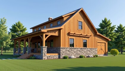 Rustic wooden house with stone accents and a porch in a green landscape.