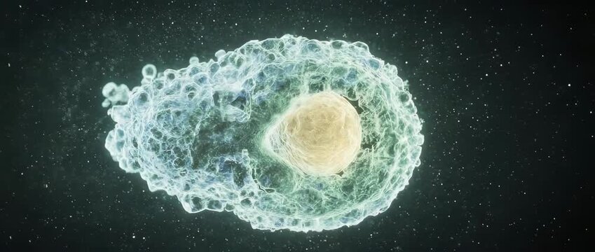 An educational animation showing a bacterium creating a protective spore. For microbiology and survival mechanism topics.