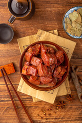 Braised Pork Belly on Old Books Vintage Style