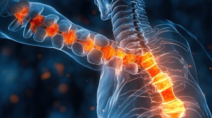 3d visualization of human spine with inflammation highlighted in bright orange, showing vertebrae and spinal structure with glowing pain or injury effect