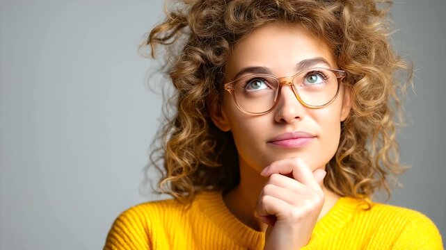 Young woman wearing glasses thinking with hand on chin isolated on transparent background, under gentle studio light, highlighting thoughtful expression and stylish look, serene po