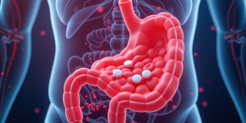 Visual representation of the human digestive system with pills in the stomach.