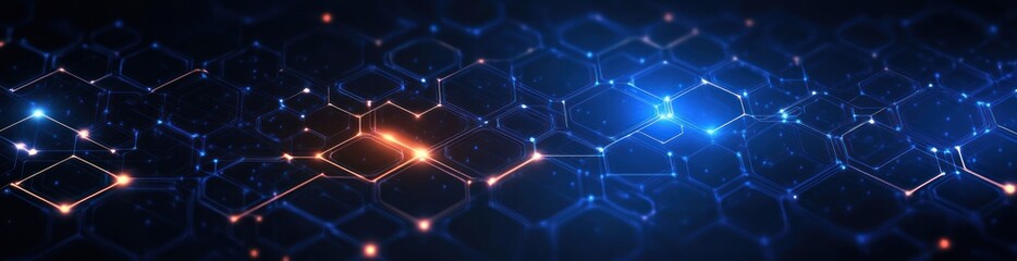 abstract digital network composed of interconnected hexagonal shapes glowing with blue and orange light on dark background symbolizing futuristic technology and data flow