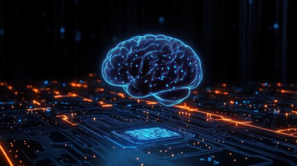 Glowing blue digital brain hologram hovering above an illuminated microchip circuit board with bright orange and blue lights conveying advanced technology and artificial intelligence