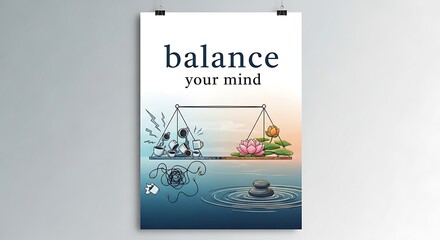 Balance Your Mind Poster with Scales and Nature Elements.