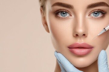 Fototapeta premium Woman receiving Botox to enhance facial appearance, reflecting modern beauty trends. Medical expertise and beauty treatments for a flawless look.