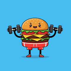 Cute Cartoon Burger Lifting Dumbbells with Fitness, Healthy Eating, Diet, and Blue Background.