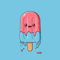 Cute Cartoon Popsicle with Happy Sweet Treat, Melting Ice Cream, Summer Fun, and Blue Background.