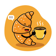 Cute Croissant Character with Coffee with Smiling, Breakfast, and Cartoon Illustration.