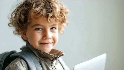 A smiling young boy with curly hair, carrying a laptop and backpack isolated on transparent background, under soft natural light, highlighting cheerful expression and student style - Powered by Adobe