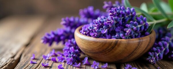 Fototapeta premium Calming Lavender Buds and Flowers in Rustic Wooden Bowl Perfect for Crafts, Aromatherapy, and Relaxation