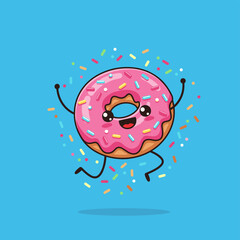Joyful cartoon donut character jumping with sprinkles on a vibrant blue background.