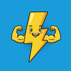Energetic Cartoon Lightning Bolt Flexing Muscles with Blue Background, and Comic Style.