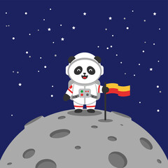 Panda Astronaut on Moon with Flag Cartoon Space Adventure with Dark Sky.