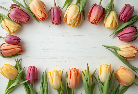 Top view of tulip bouquet opened flat on white wooden surface, fresh look"
