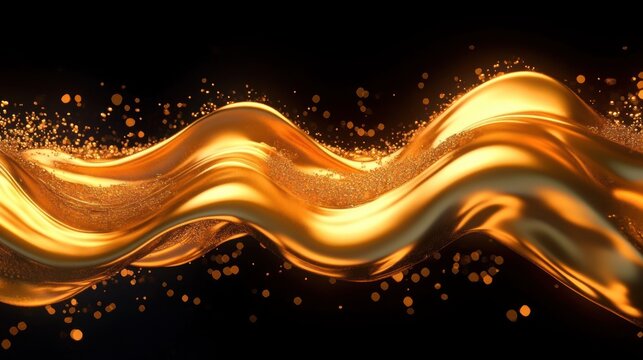 Smooth golden liquid wave flowing dynamically against a black background with sparkling gold particles surrounding it creating a luxurious and vibrant effect - Powered by Adobe