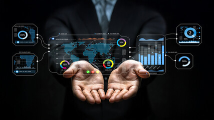 Hands Displaying Virtual Data Interface with World Map, Charts, Graphs, and Analytical Metrics for Business Insights and Technology Applications