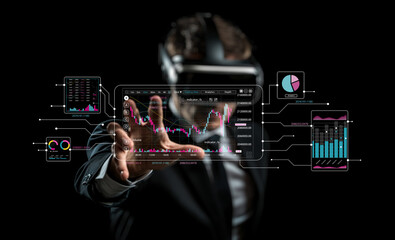 Business professional using virtual reality headset to analyze financial data and market trends, showcasing innovative technology in stock trading