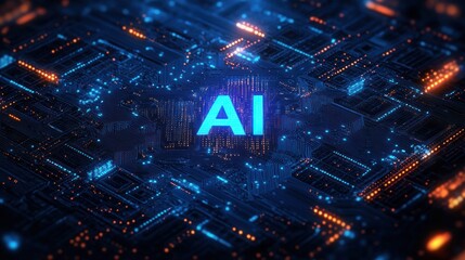 Close-up of illuminated digital microchip circuit board with glowing blue and orange lights and central glowing blue letters AI, representing advanced technology and intelligence