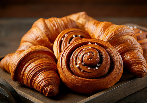 Delicious freshly baked croissants and cinnamon rolls on a rustic wooden tray tempting breakfast pastries perfect for a bakery display