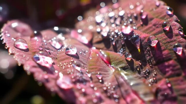 Close-up of vibrant pink and purple leaves adorned with numerous sparkling dewdrops, reflecting ambient light and creating a beautiful, refreshing natural texture after a morning rain or heavy mist, .