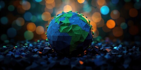low poly 3d globe model featuring geometric continents with green and blue tones on a dark abstract textured surface with colorful bokeh lights in the background