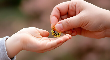 Giving of a Gold Coin Symbolizing Generosity and Support with Delicate Floral Design and Warm Blurred Background