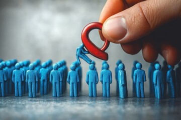 Hand lifting tiny blue figurine from a crowd of similar blue human figures using a red magnet symbolizing selection or attraction