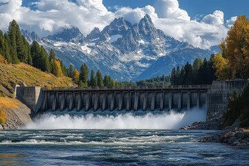 Fototapeta premium Large concrete dam releasing water into river with snowy mountain peaks and dense forest surrounding the scene under a partly cloudy sky