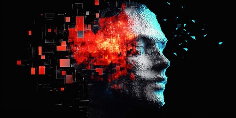 Abstract digital human head made of small blocks with red and blue fragmented elements dispersing, conveying transformation and digital disruption
